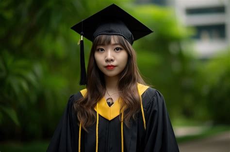 La Graduada Viste Una Bata Negra Y Una Borla Amarilla Esperando Para