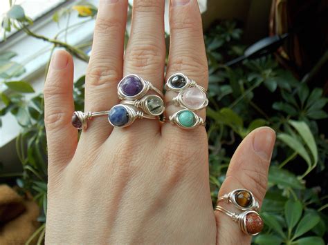 Silver Wire Wrapped Ring With Crystal Gem Stone Custom Stacking Boho Hippie Jewelry