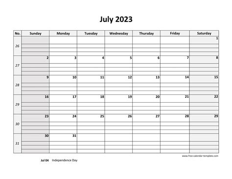 July 2023 Calendar Free Printable With Grid Lines Designed Horizontal