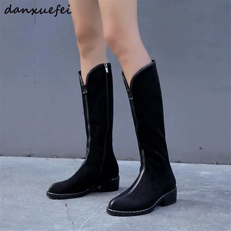 Womens Genuine Suede Leather Bordered Autumn Knee High Boots Brand