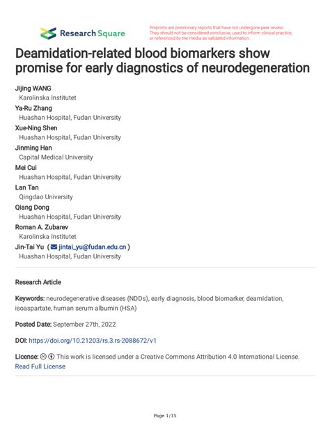 Pdf Deamidation Related Blood Biomarkers Show Promise For Early