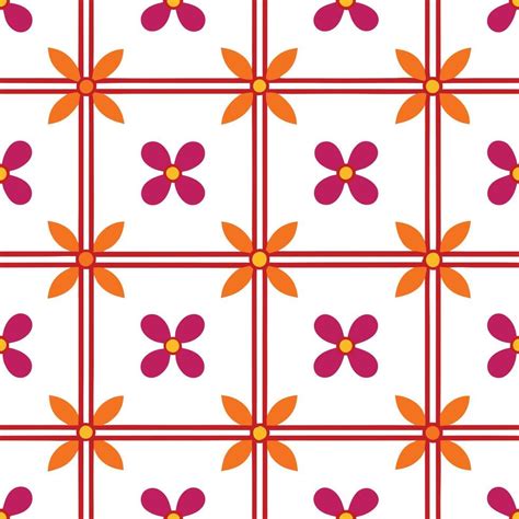 floral grid pattern orange red  pink flower design  vector