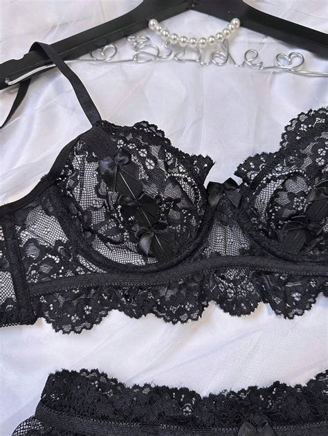 Pcs Women S Sexy Black Lace Floral Hollow Out Lingerie Set Intimate Seductive Club Nightwear