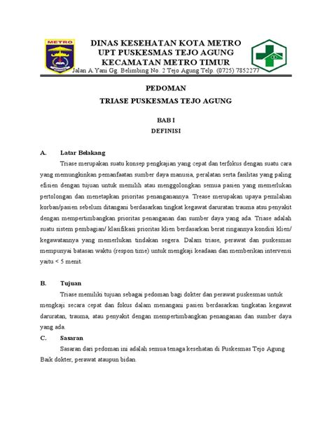 Pdoman Triase Puskesmas Tejo Agung Pdf