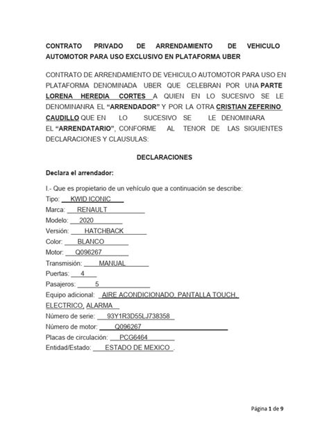 Contrato Privado De Arrendamiento De Vehiculo Automotor Para Uso Exclusivo En Plataforma Uber Pdf