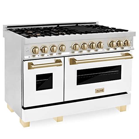 Zline 48 In Autograph Edition Dual Fuel Range In Stainless Steel With White Matte Door And Gold