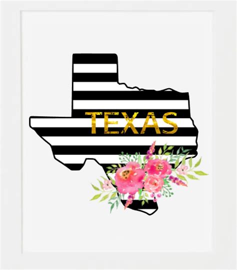 State Wall Art Texas Black White Stripes State Prints State Floral