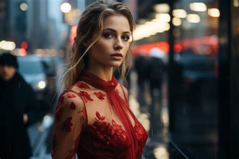 Premium AI Image Beautiful Blonde Woman In Red Dress Standing In The Rain