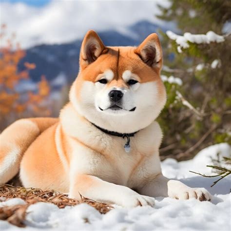 Perro Akita Inu Tumbado En La Nieve En El Fondo Natural Foto Premium