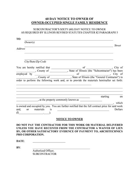 Fillable Online Illinois Subcontractor S 60 Day Notice To Owner Form