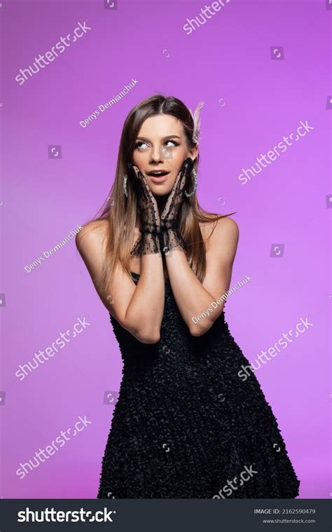 Stunning Brunette Black Dress Poses Vivid Stock Photo Shutterstock