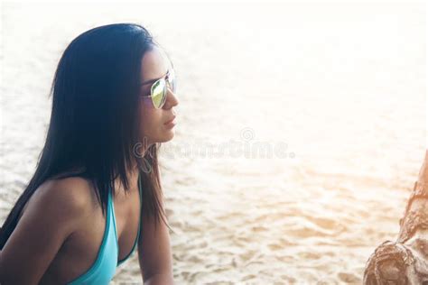 Asia Girl In Blue Swimsuit With Sunglass Posing On A Beach Stock Photo Image Of Bikini Model