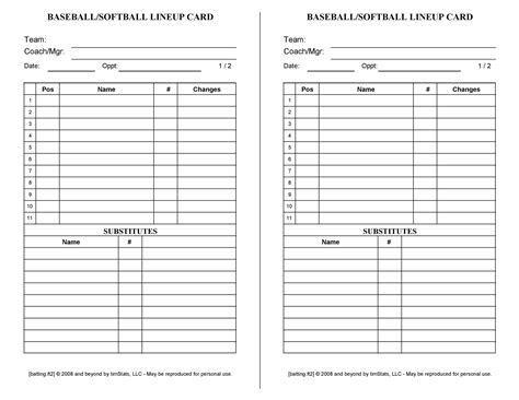 Lineup Cards Baseball Printable Free