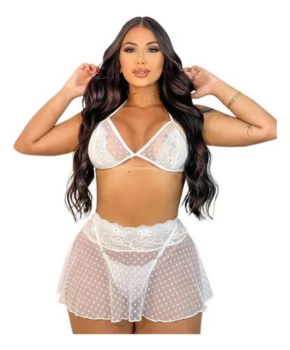 Conjunto Lingerie Feminino Trio Saia Suti Renda E Calcinha Parcelamento Sem Juros