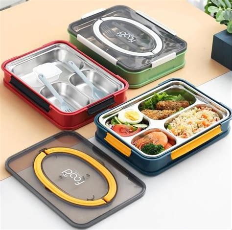 Portable Bento Boxes 4 Grids Lunch Box Stainless Steel Lunch Box 3 Grid