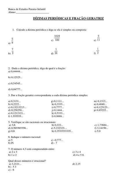 Exercícios Sobre Dízimas Periódicas E Fração Geratriz - Dízimas Periódicas e Fração Geratriz | PDF