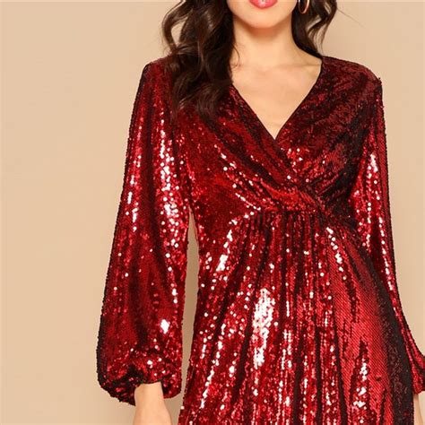 V Neck Wrap Front Lantern Sleeve Sequin Maxi Dress In 2020 Dresses