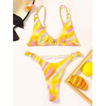 Emmiol Free Shipping Rainbow Stripe Printed Bikini Set Yellow M In Bikini Sets Online Store