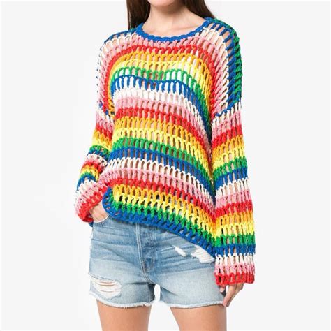 New Hollow Out Hand Knitting Rainbow Sweater Women Pullover Autumn 2019