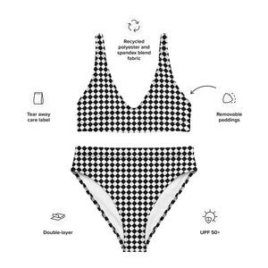 Checkered Print Recycled High Waisted Bikini Set Black White Check