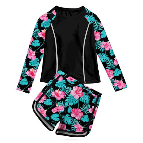 JDEFEG 2Pcs Girls Swimsuit Summer Bikini Tankini Sets Beach Sport Swimwear Long Sleeve Shorts