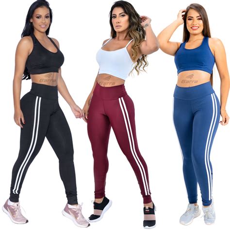 Kit 3 Calças Legging Feminina Fitness Leg Cós Alto Em Suplex Para