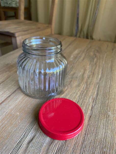 Ribbed Glass Jar With Red Lid Etsy