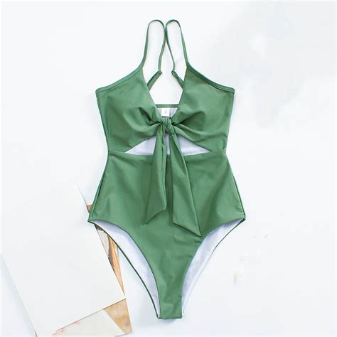 Ayolanni V Neck Womens Bikini Cotton Underwear Monokini Modest Green Solid One Piece Bikinis For