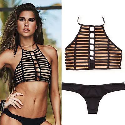 Women Checkered Black Hollow Out Push Up Padded Bandage Bikini Set