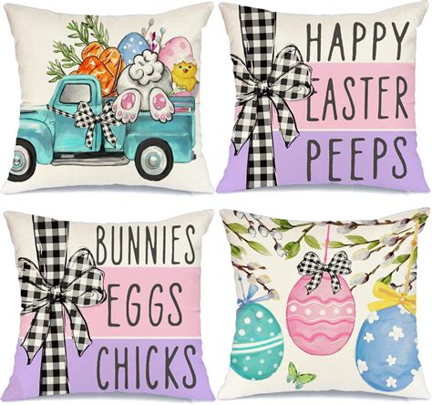 Geeory Happy Easter Peeps Throw Pillow Covers Truck Bunny Tail 18x18 Set Of 4 Eggs