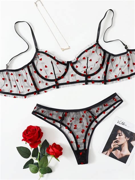 Plus Heart Print Mesh Underwire Lingerie Set For Sale Australia New Collection Online SHEIN