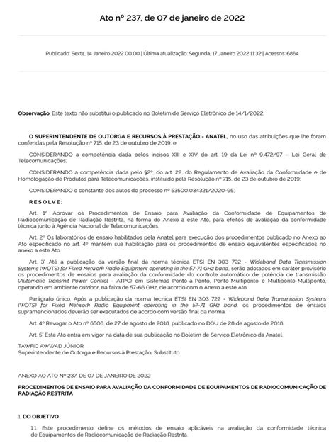 Anatel Ato 237 De 07 De Janeiro De 2022 Download Grátis Pdf