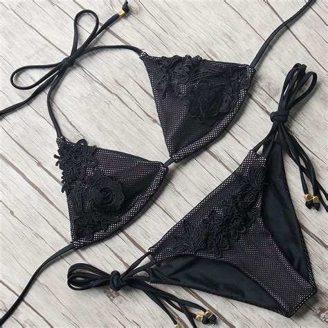 Aliexpress Buy Sexy Lace Bikini Push Up Swimsuit Women Halter Bandage Swimwear Black