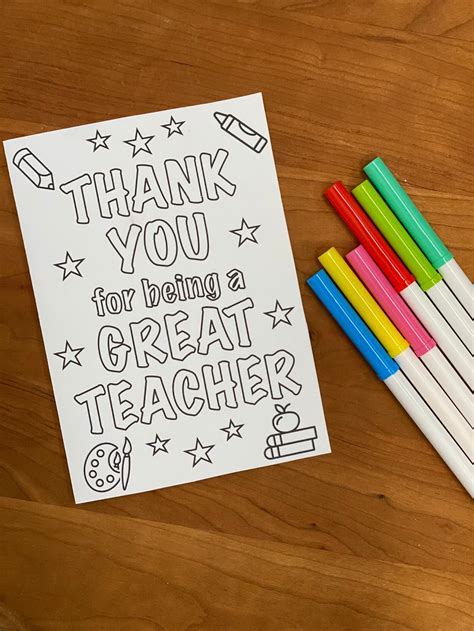 Printable Thank You Teacher Coloring Card Printable Thank You Etsy