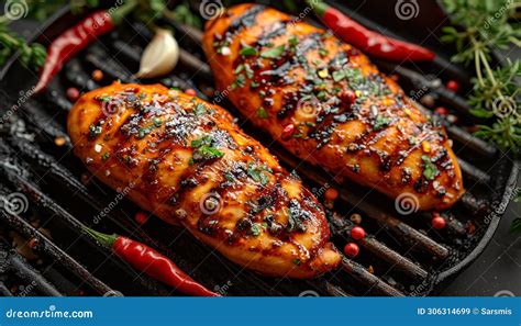 Juicy Grilled Chicken Breasts Seasoned With Herbs And Spices Stock