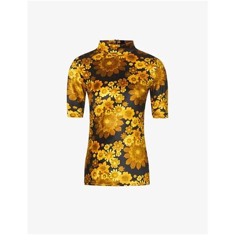 Kwaidan Editions Floral Print Mock Neck Velvet Top Black Naive