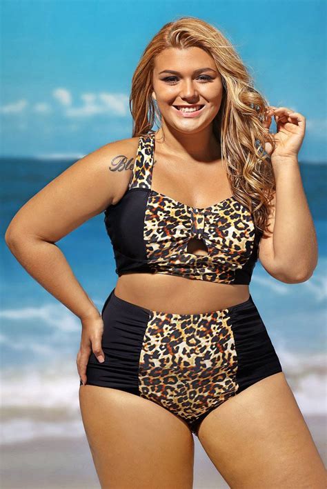 Contrast Leopard Splice Curvy High Waist Swimsuit Plus Size Bikini Plus Size Swimwear