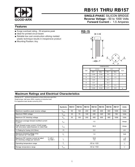 RB156 datasheet, bridge equivalent, GOOD-ARK Electronics