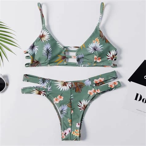 Women Print Push Up Padded Bra Beach Bikini Set Swimsuit Lady Separated Flower Printing Multi