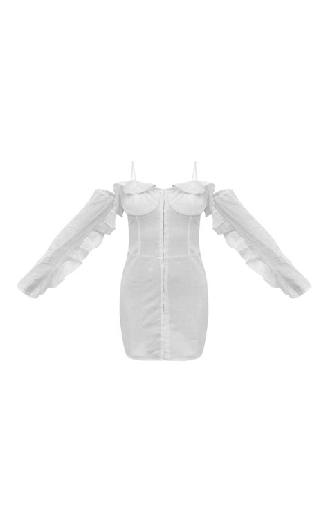 Cream Linen Look Frill Bardot Bodycon Dress Dresses