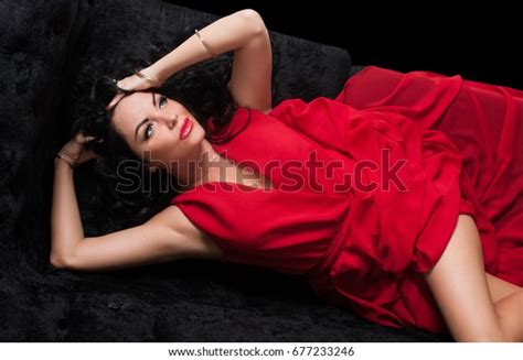 Portrait Sexy Brunette Red Dress On Stock Photo Shutterstock