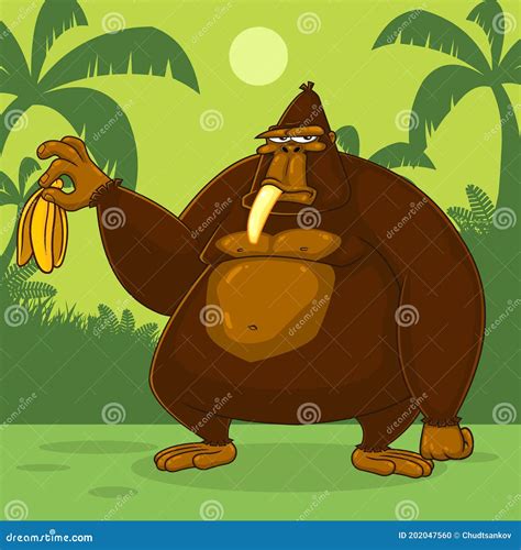 Brown Gorilla Cartoon Character Is Holding A Banana Stock Vector