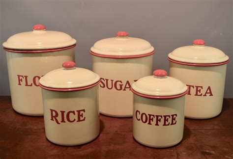 Set Of Five Vintage Enamel Kitchen Storage Canisters