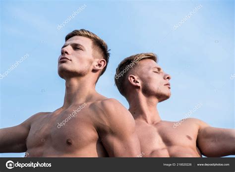 Men Muscular Chest Naked Torso Sky Background Men Muscular Athlete Bodybuilder Relaxing Lean