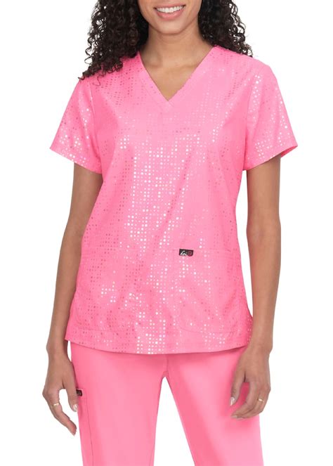 Velora Iridescent Peony Pink V Neck Print Scrub Top Scrubs And Beyond