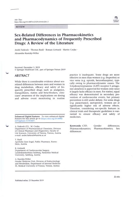 PDF Sex Related Differences In Pharmacokinetics And Pharmacodynamics Of Frequently Prescribed