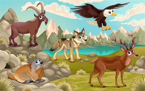 Animaux Drôles Dans Un Paysage De Montagne Illustration De Vecteur