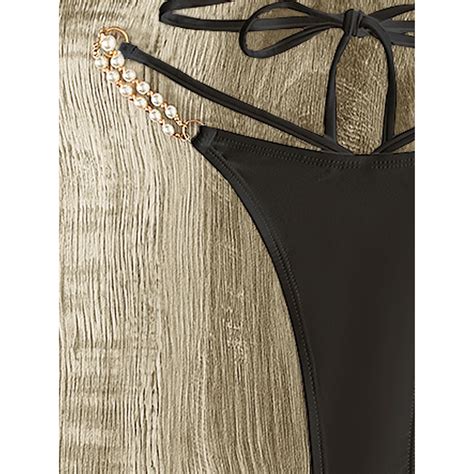 Extreme Mini Micro Thong Pearl Bikini Female Black Swimsuit Women Swimwear Two Pieces Bikini Set