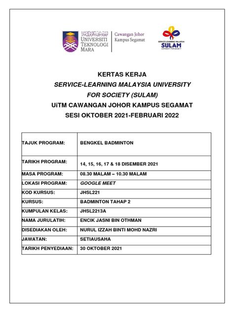 Kertas Kerja Sulam Badminton Tahap 2 Jdhsl2213a Pdf