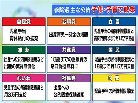 7 10投開票の参院選各党の『子供や子育て政策』自民は児童手当の拡充等、野党側はその所得制限撤廃目立つ 東海テレビnews